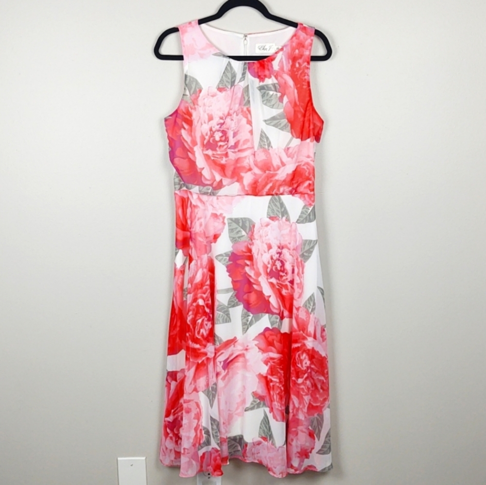 Eliza J Floral Midi Dress Sleeveless Fit Flare Red White Wedding Guest Size 10